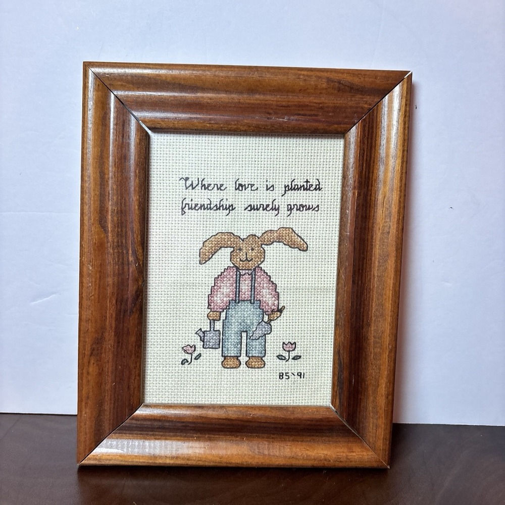 Vintage 1991 Framed Cross Stitch Bunny Gardener Friendship Quote Folk Art